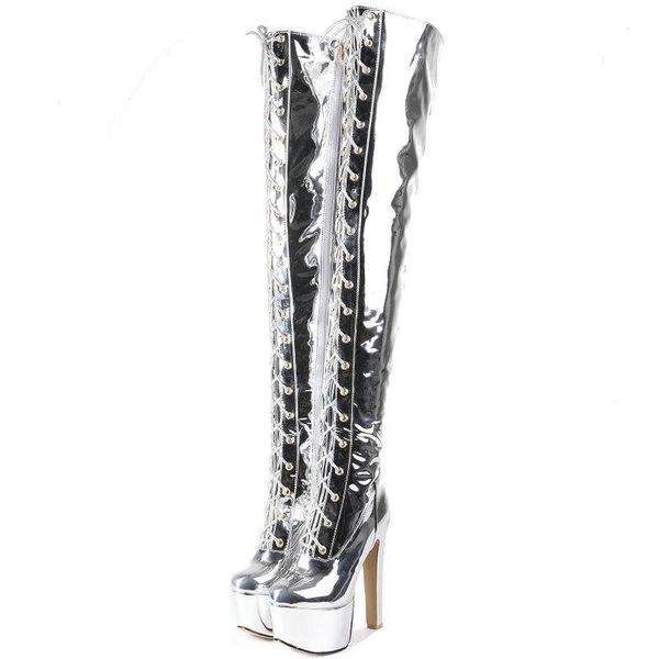 

boots 2021 winter patent leather over the knee women platform sqaure heel thigh ladies round toe zipper sliver, Black