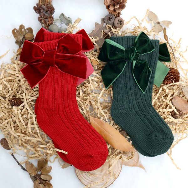 

socks spanish style christmas baby girls for winter leg warm with big bow knot red green color year accessories clothes, Pink;yellow