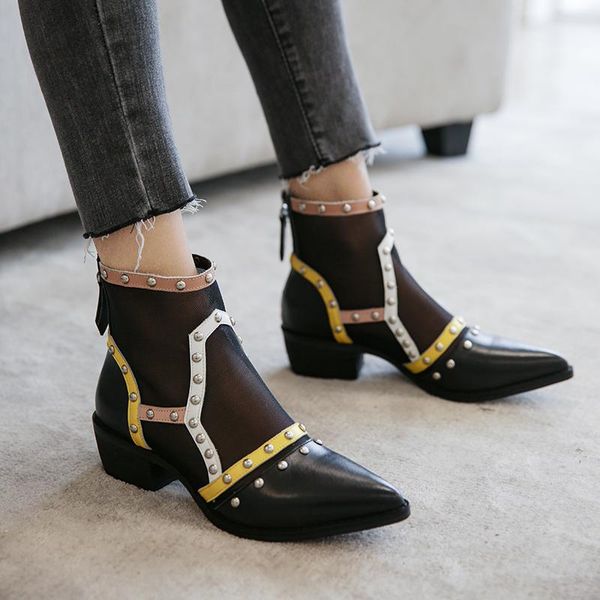 

boots fashion ankle women elegant pumps genuine leather breathable mesh shoes spring summer office lady short size 37, Black