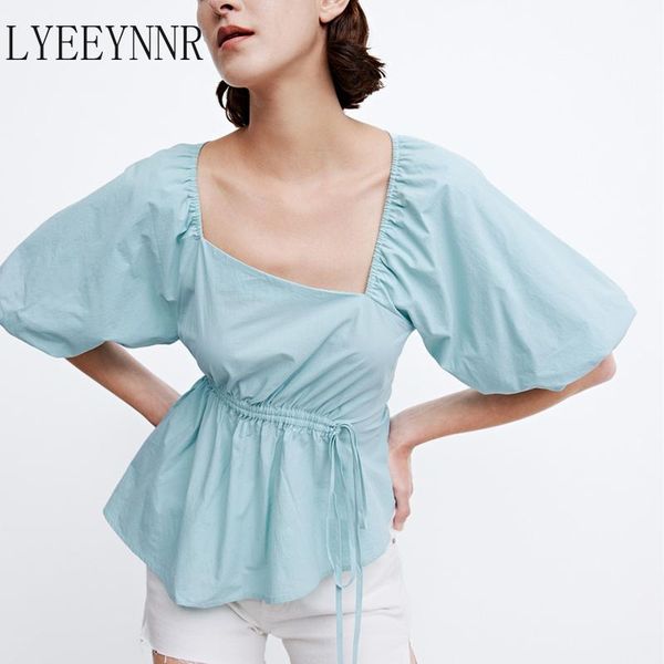 

women's blouses & shirts lyeeynnr drawstring lace up elegant women square collar short puff sleeve blouse unicolor summer chic ladies, White