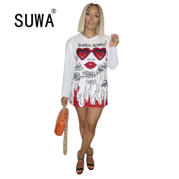 

trendy chic vintage casual 90s t-shirt red white printed o-neck long sleeve woman dress k-pop mini robe streetwear 210525