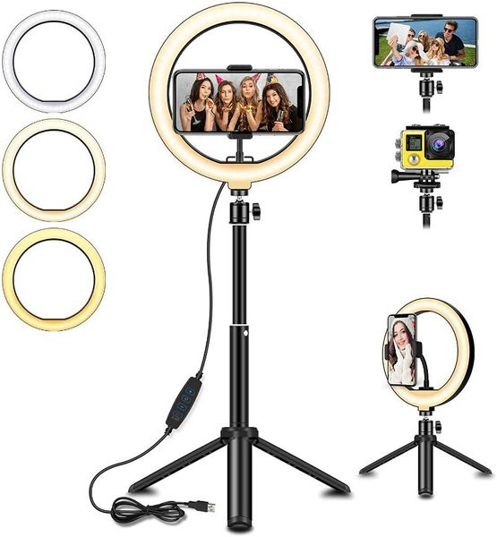 

ring light with extendable tripod stand, 8 inch led selfie & phone holder deskpograhy gadgets flashes