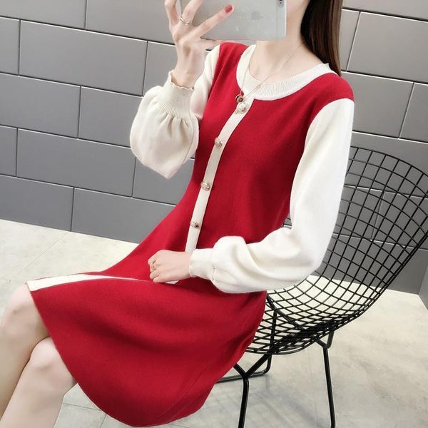 

women's sweaters 2021 autumn winter women knitted dress buttons o-neck sweater dresses lady slim loose long sleeve bottoming vestidos g, White;black