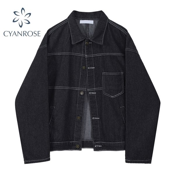 

black denim coat women single breasted stitched retro streetwear korean harajuku cowboy bjacket female pocket lapel outer 210515, Black;brown