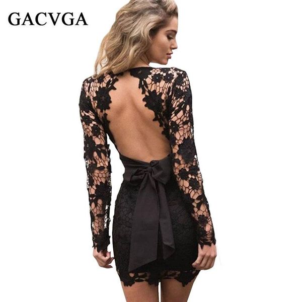 

casual dresses gacvga women hihg quality lace hollow out dress full sleeve deep v neck backless bow party vestidos, Black;gray