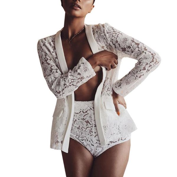 

women's suits & blazers lace crochet blazer feminino hollow out white long sleeve and jackets with pocket autumn cardigan blouse outerw, White;black