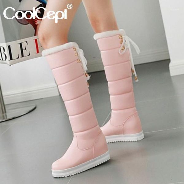 

boots coolcept winter fur warm snow knee high round toe height increasing shoes lace up sweet school size 34-431, Black