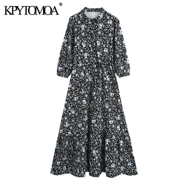 

women chic fashion floral print ruffled midi shirt dress vintage short sleeve drawstring female dresses vestidos 210420, Black;gray