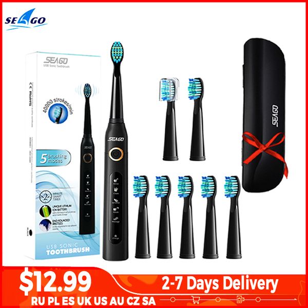 

seago sonic electric toothbrush sg-507 timer brush 5 modes usb charger rechargeable tooth brushes replacement heads set