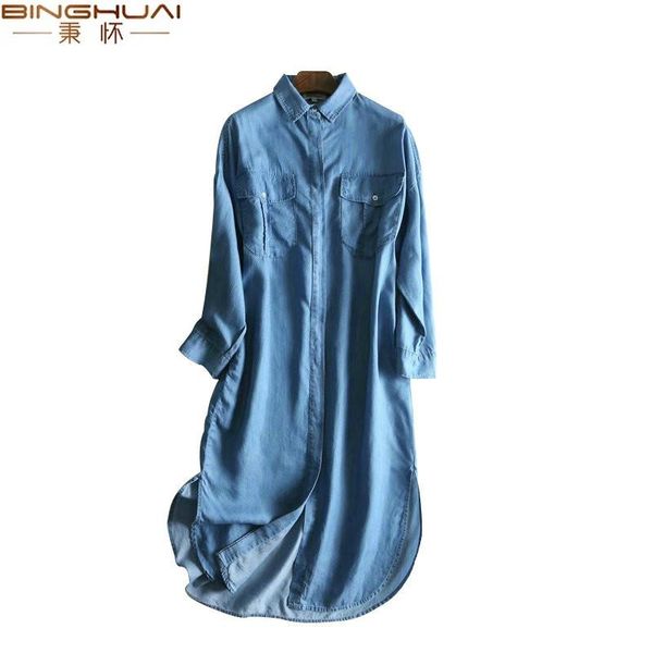 

casual dresses women denim shirt dress loose side open retro long sleeve chic ladies mid calf length jeans vestidos, Black;gray