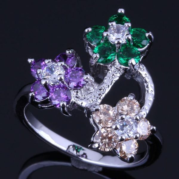 

cluster rings pleasant flower purple green brown cubic zirconia white cz silver plated ring v0596, Golden;silver