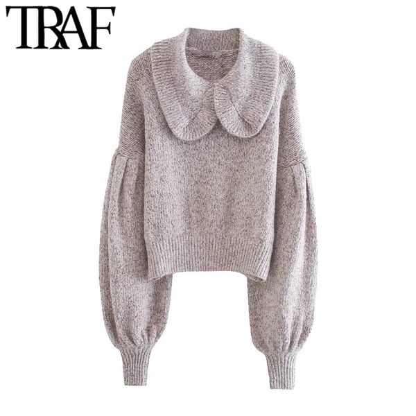 Traf Women Mode Rüschenverkleidungen geschnittener Strickpullover Vintage Peter Pan Kragen Langarm weibliche Pullovers Chic Tops 210415