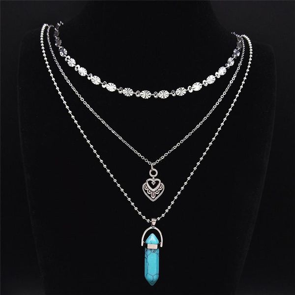 

heart stainlessÂ steel green stone boho layer chain necklace bohemia necklaces fashion jewelry collares de mujer nxs04 pendant, Silver