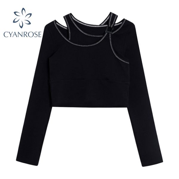 

black irregular patchwork bodycon crop tees women long sleeve streetwear stylish sheath tide harajuku bar mujer 210417, White