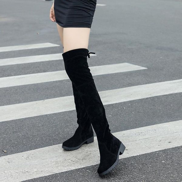 

boots over the knee for women autumn thigh high stretchable suede leather motorcycle botas mujer, Black