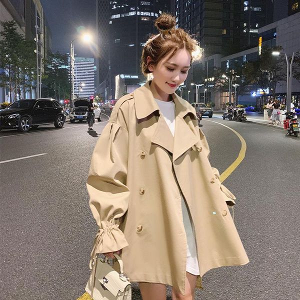 

women's trench coats [ewq] korea chic women autumn winter khaki windbreaker double breasted long sleeve jacket coat female fashion 2021, Tan;black