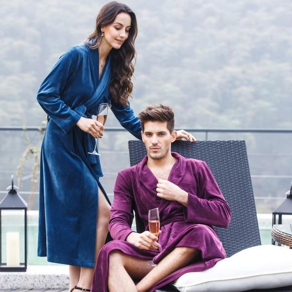 

men's sleepwear men and women spring autumn luxury velvet classic shawl collar chest suit medium-long robe nightgown gown, Black;brown