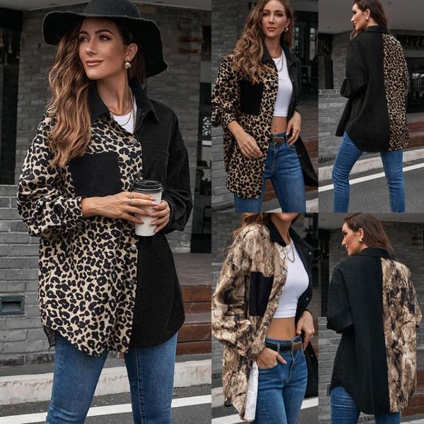 

casual loose leopard print long-sleeved color blouses matching single-breasted mid-length shirt plus size women's shirt women, White