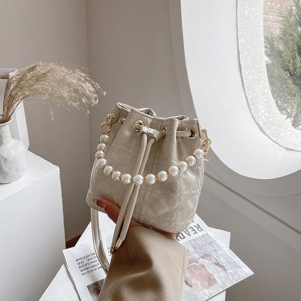 

evening bags diamond lattice drawstring bucket crossbody bag woman solid pu pearl handbag women's leisure travel messenger