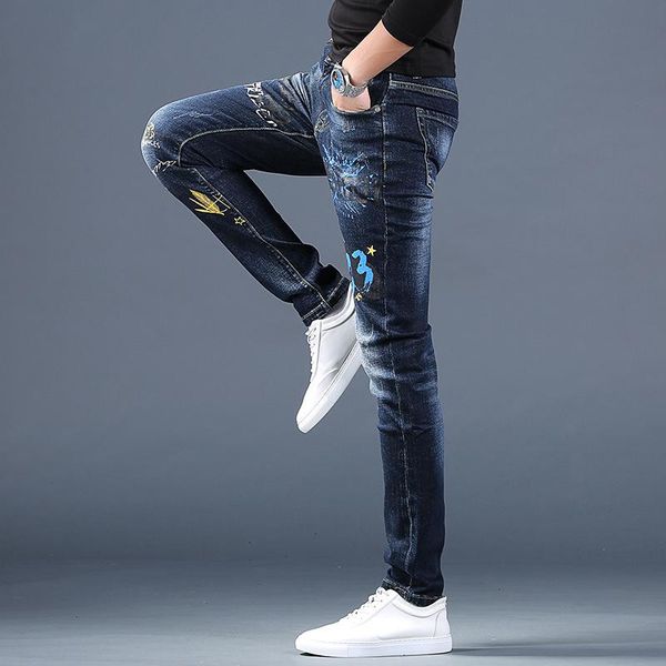 

men's pants 2021 personality embroidery jeans slim straight handsome all-match casual pencil, Black