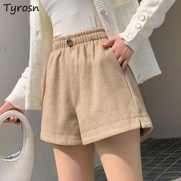 

women's shorts woolen women loose all-match button elastic waist wide leg short elegant autumn leisure solid trousers mujer korean styl, White;black