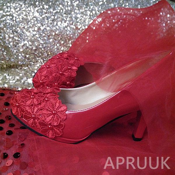 

high 9cm heels red pumps shoes for woman plus size 41 42 handmade lace flowers ladies wedding party proms dress, Black