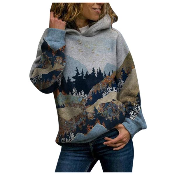 

landscape print hooded long sleeve casual hoodie for women, Black