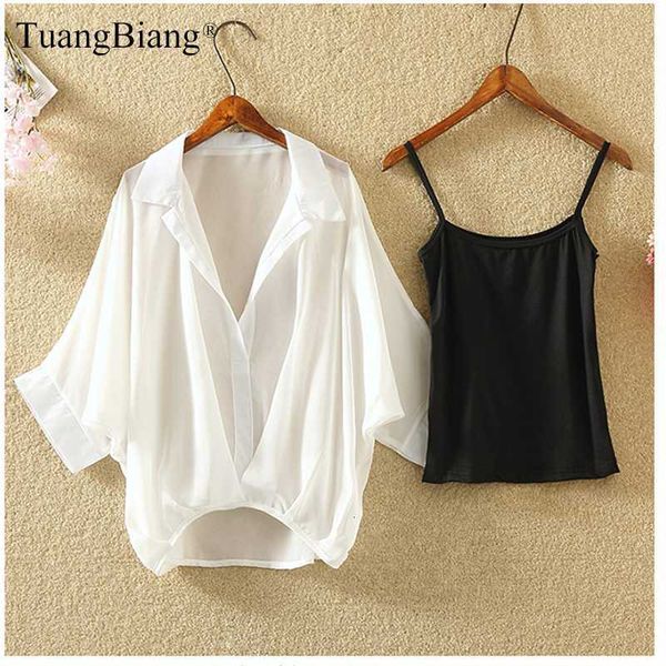 

women's blouses & shirts ladies two piece set plus size chiffon summer half sleeve loose v-neck women casual blouse autumn cool qvcm, White