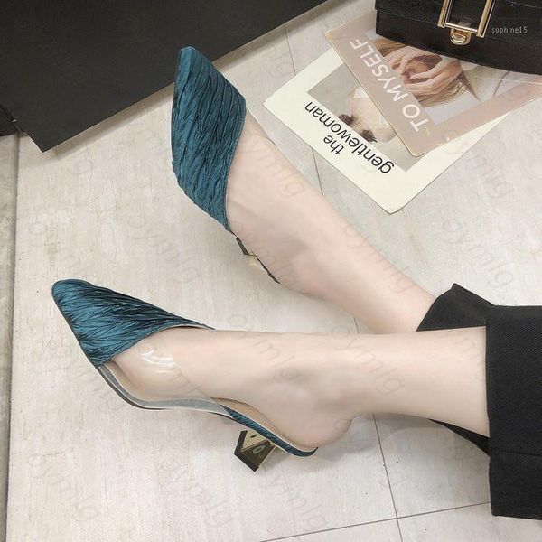 

square heel high slippers women 2021 spring summer shoes fashion wild baotou gingham microfiber casual ladies1, Black