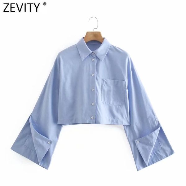 

zevity women fashion pocket patch business smock blouse femme split long sleeve breasted short shirt roupas chic ls9109 210419, White