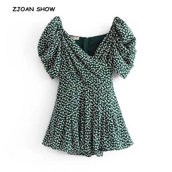 

sweet daisy flower print short puff sleeve jumpsuit holiday womenvintage cross v neck pants romper sling overalls 210429, Black;white