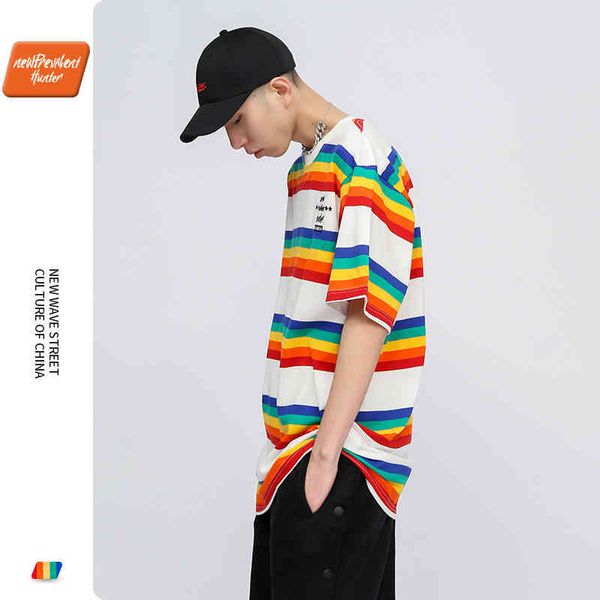 

nph2021 spring and summer new fashion brand rainbow stripe short sve t-shirt men's loose street hip hop 5-sve couple, White;black