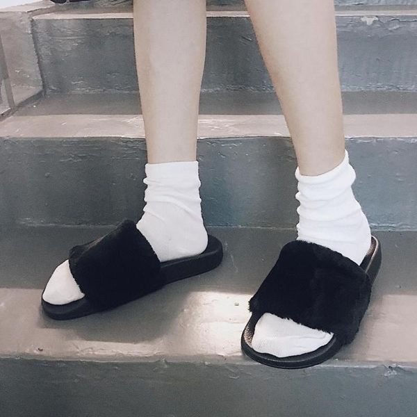 

casual flat slippers women fluffy winter house shoes for 2021 faux fur slides outdoor indoor slipper female, Black