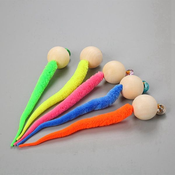 

cat toys simulation worm toy with bell for pet wooden ball head and plush tail interactive teaser 3