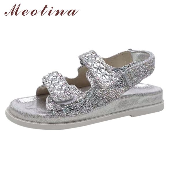 

meotina flat sandals design shoes genuine leather women sandals flat platform sliver crystal shoes fashion footwear size 40 210520, Black