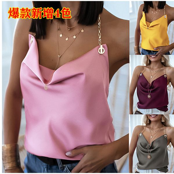 

fashion corn decor chain halter sleeveless backless for streetwear women summer solid color camis v-neck slim xs, White