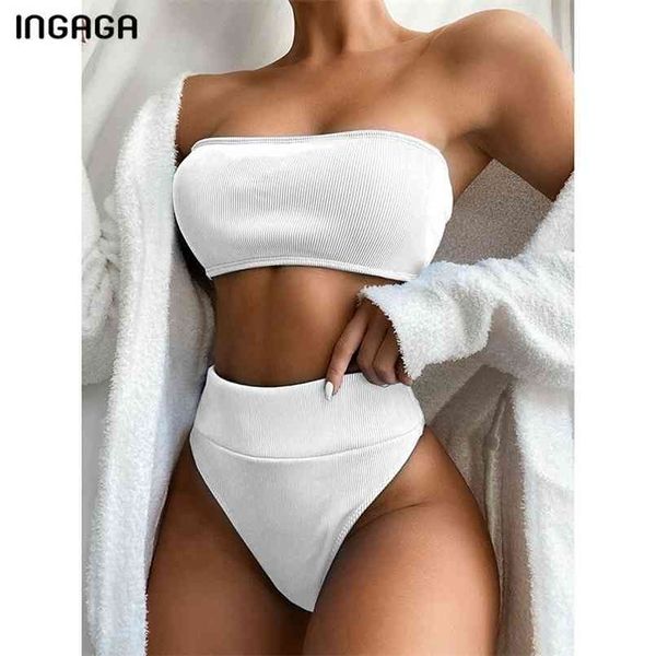 INGAGA Bikini a vita alta Costumi da bagno a fascia Costumi da bagno Donna Nero senza spalline Taglio biquini Costume da bagno Beachwear 210630