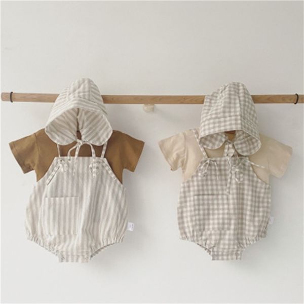 Летняя детская одежда, рожденные мальчики сплошные тройники и клетки боди с шляпой младенческой девушки одежды наборы одежды 210521