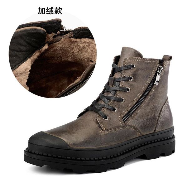 

boots layer cowhide leather double zipper winter 2021 and velvet non-slip breathable men's shoes in, Black