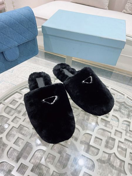 

luxury designer women wool sandals terry fabric semi slippers embroidered logo decorative upper sandal warm fashion comfortable with box siz, Black