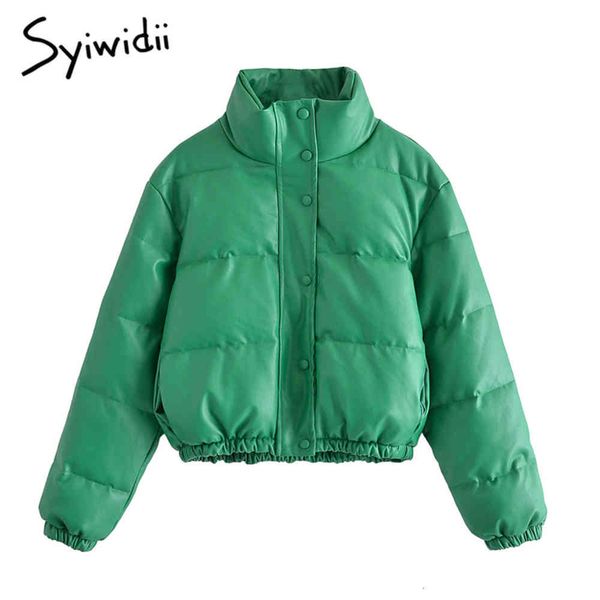 

syiwidii green leather winter jacket women short bubble coats 2021 stand collar oversized puffer outerwear thicken warm parkas, Black
