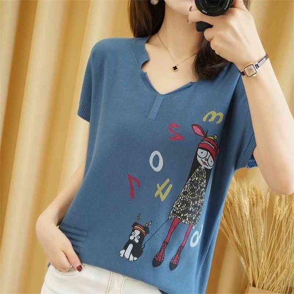 

pure cotton t-shirt summer casual knitted sweater short-sleeved women's v-neck pullover plus size tees 210722, White