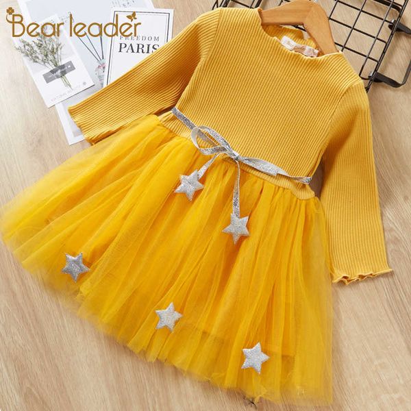 Urso líder meninas vestido primavera crianças roupas de manga comprida o-pescoço listrado coelho coelho apliques design para meninas vestidos 210708