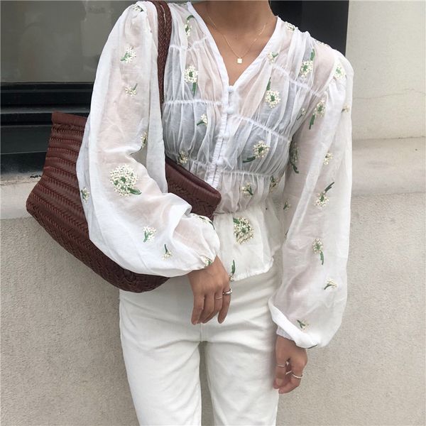 

blouses korean thin embroidery flowers chic v-neck see-through full sleeves women sweet all match blouses, White