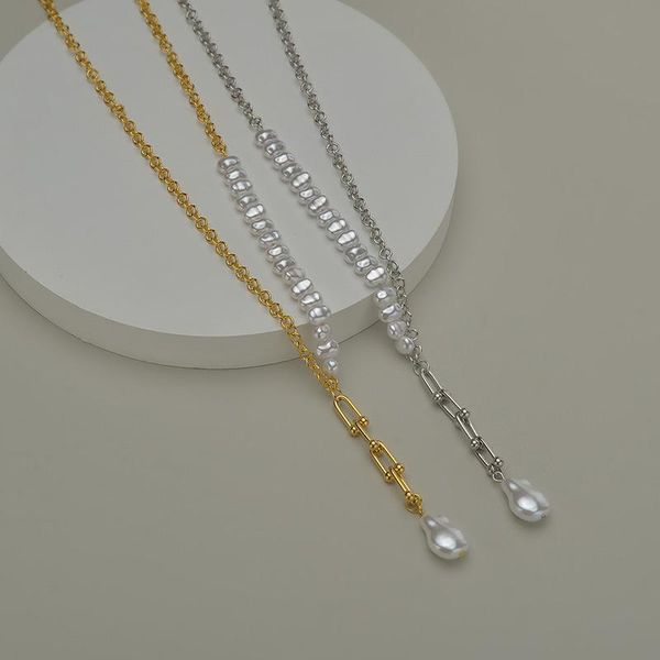 

chokers allme elegant irregular baroque pearls necklaces for women asymmetric chains long tassel y shape pendant necklace, Golden;silver