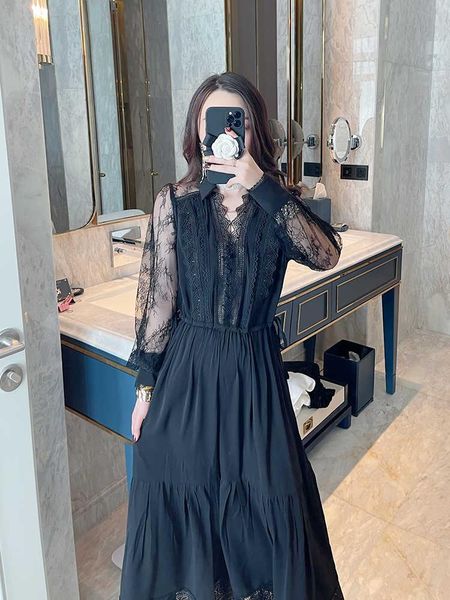 

casual dresses lace boho elegant autumn luxury dress embroidery party women a-line 2021 long sleeve runway spring high waist vintage, Black;gray