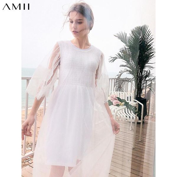 

casual dresses amii minimalism summer temperament women's dress holiday lace patchwowrk oneck aline calf-length beach 11970153, Black;gray