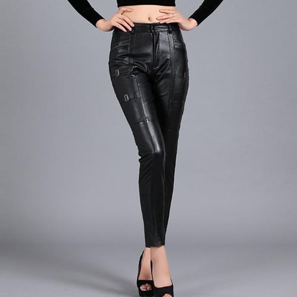 

women's pants & capris s-4xl women slim pencil all-match solid color thickened genuine leather plus size sheepskin aq199, Black;white