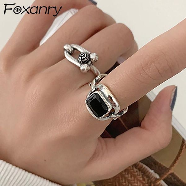 

cluster rings foxanry 925 sterling silver hiphop rock for women couples fashion creative hollow geometric party jewelry gifts, Golden;silver
