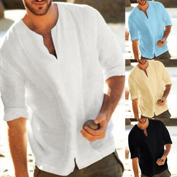 

casual solid color mens t shirts long sleeve v neck slitting hem cotton linen pullover clothing, White;black